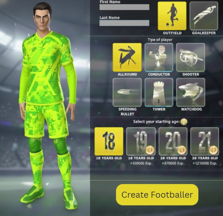 Footballidentity character creation screen showing a custom football player, player roles, attributes, and career starting age selection.